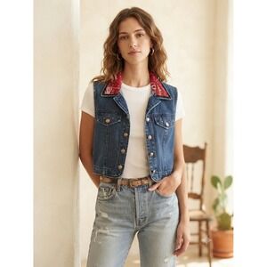 Vintage 90s Denim Vest Red Bandana Paisley Collar Rhinestone Studs Womens Medium